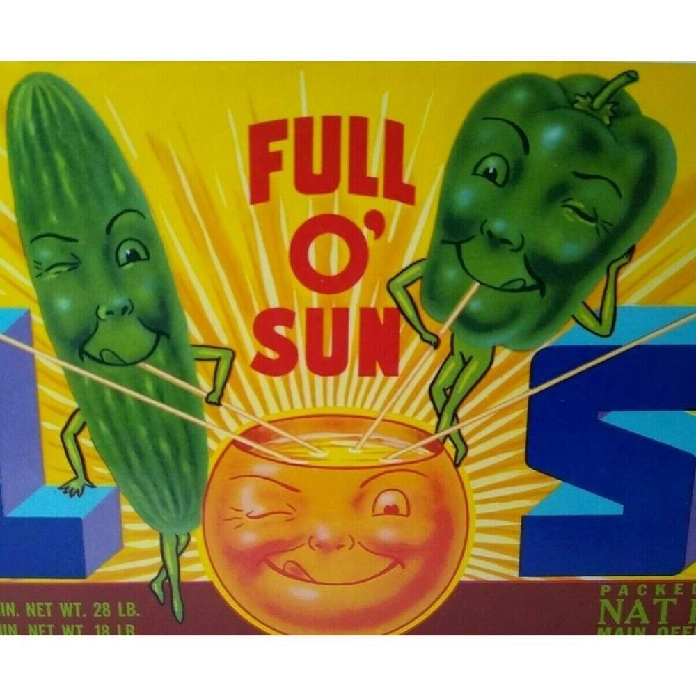 El Sol Pepper Tomatoes Cucumber Humanized Anthropomorphic Crate Label Original